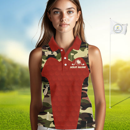 Red Camo Womens Sleeveless Golf Polo Shirts Custom Golf Outfit For Ladies, Team Golf Shirts NBT633