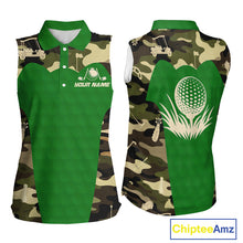 Load image into Gallery viewer, Green Camo Womens Sleeveless Golf Polo Shirts Custom Golf Outfit For Ladies, Team Golf Shirts NBT634