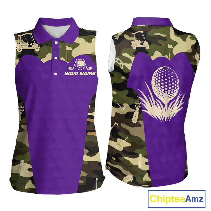 Purple Camo Womens Sleeveless Golf Polo Shirts Custom Golf Outfit For Ladies, Team Golf Shirts NBT635
