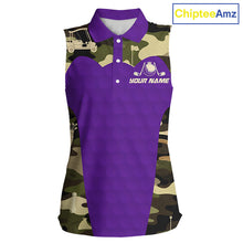 Load image into Gallery viewer, Purple Camo Womens Sleeveless Golf Polo Shirts Custom Golf Outfit For Ladies, Team Golf Shirts NBT635