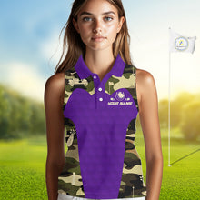 Load image into Gallery viewer, Purple Camo Womens Sleeveless Golf Polo Shirts Custom Golf Outfit For Ladies, Team Golf Shirts NBT635