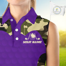 Load image into Gallery viewer, Purple Camo Womens Sleeveless Golf Polo Shirts Custom Golf Outfit For Ladies, Team Golf Shirts NBT635