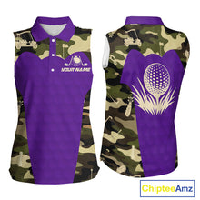 Load image into Gallery viewer, Purple Camo Womens Sleeveless Golf Polo Shirts Custom Golf Outfit For Ladies, Team Golf Shirts NBT635