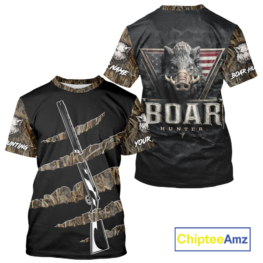 Beautiful Wild Boar Hunting 3D Print Camouflage Shirts with Rifle, Boar Hunting Clothes NBT142