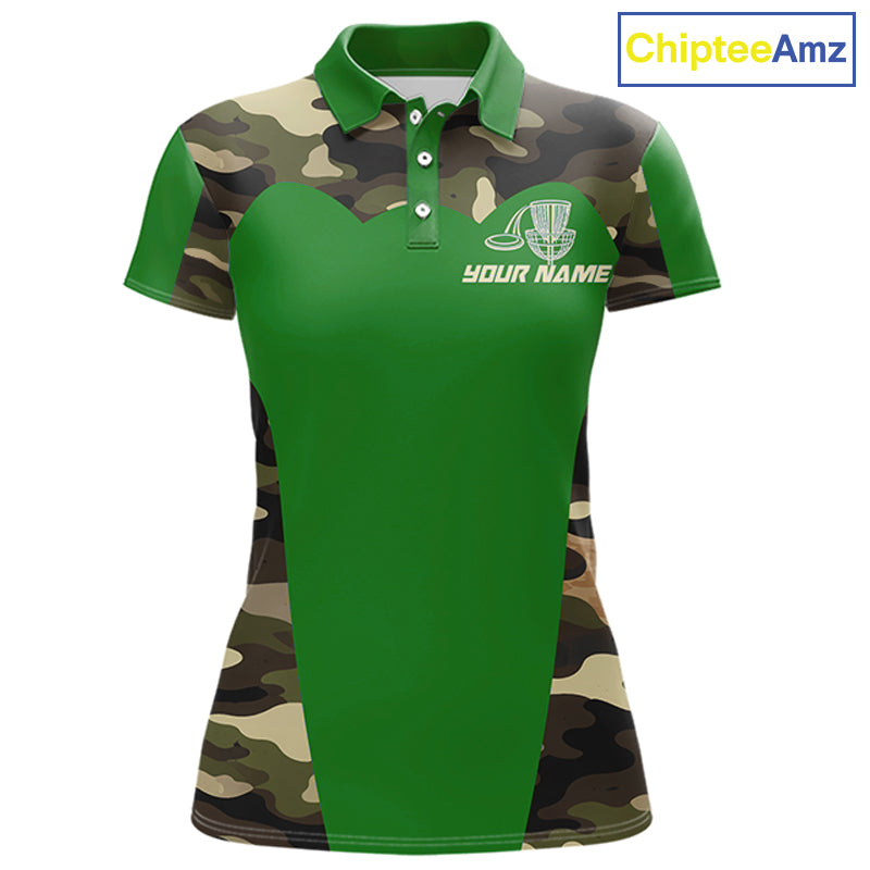 Womens Disc Golf Polo Shirt Custom Name Camo Disc Golf Basket, Personalized Disc Golf Shirts|Green NBT641
