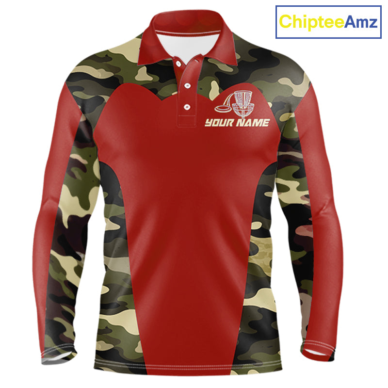 Mens Disc Golf Polo Shirt Custom Name Camo Disc Golf Basket, Personalized Disc Golf Shirts|Red NBT642