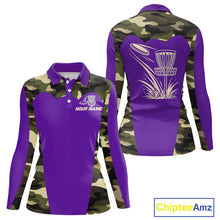 Load image into Gallery viewer, Womens Disc Golf Polo Shirt Custom Name Camo Disc Golf Basket, Personalized Disc Golf Shirts|Purple NBT643