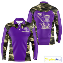 Load image into Gallery viewer, Mens Disc Golf Polo Shirt Custom Name Camo Disc Golf Basket, Personalized Disc Golf Shirts|Purple NBT643