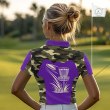 Load image into Gallery viewer, Womens Disc Golf Polo Shirt Custom Name Camo Disc Golf Basket, Personalized Disc Golf Shirts|Purple NBT643