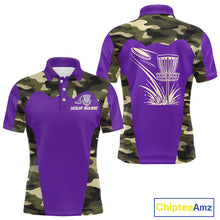 Load image into Gallery viewer, Mens Disc Golf Polo Shirt Custom Name Camo Disc Golf Basket, Personalized Disc Golf Shirts|Purple NBT643