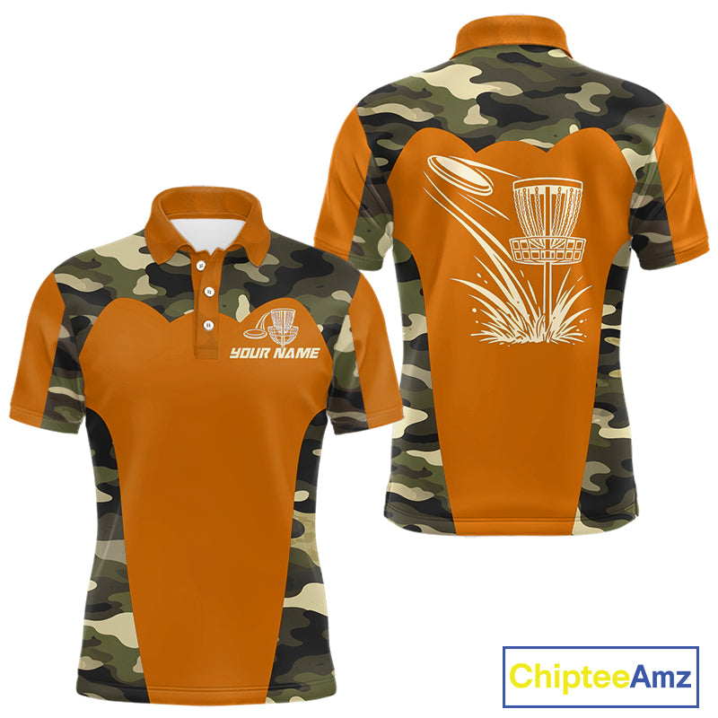 Mens Disc Golf Polo Shirt Custom Name Camo Disc Golf Basket, Personalized Disc Golf Shirts|Orange NBT644