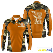 Load image into Gallery viewer, Mens Disc Golf Polo Shirt Custom Name Camo Disc Golf Basket, Personalized Disc Golf Shirts|Orange NBT644