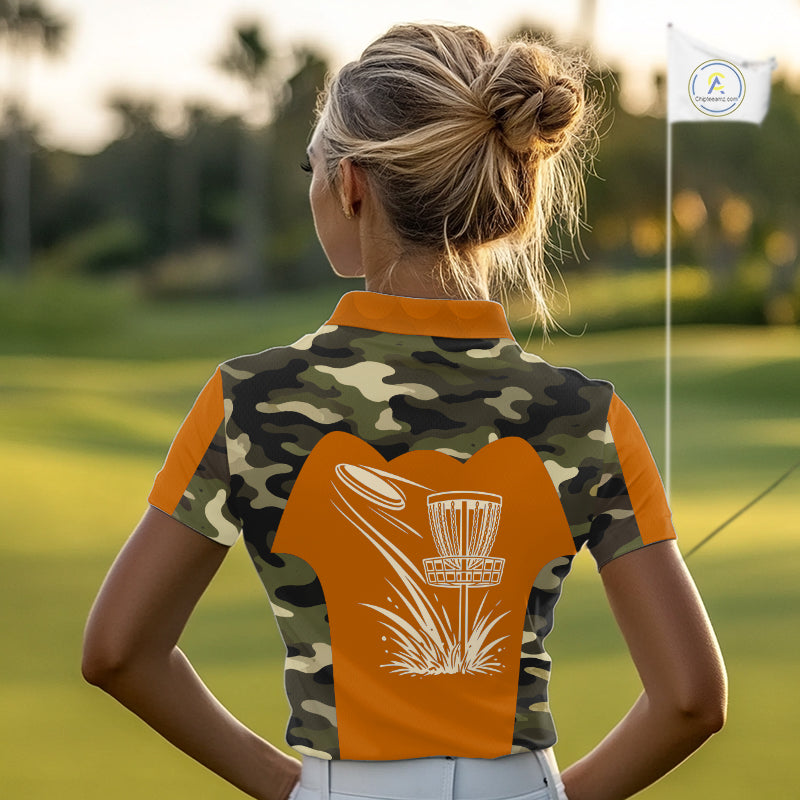 Womens Disc Golf Polo Shirt Custom Name Camo Disc Golf Basket, Personalized Disc Golf Shirts|Orange NBT644