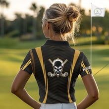 Load image into Gallery viewer, Golfer wearing Custom Skull mens golf polo shirt black gold personalized golf gift for men on the golf course