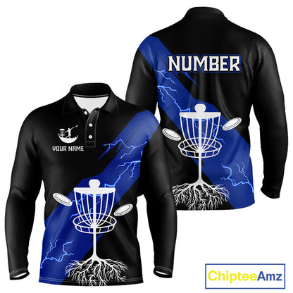 Blue Mens Disc Golf Polo Shirts Custom Thunder Lightning Team Disc Golf Jerseys, Disc Golf Gifts NBT649