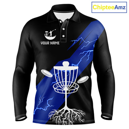 Blue Mens Disc Golf Polo Shirts Custom Thunder Lightning Team Disc Golf Jerseys, Disc Golf Gifts NBT649