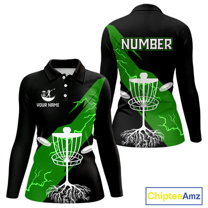 Green Womens Disc Golf Polo Shirts Custom Thunder Lightning Team Disc Golf Jerseys, Disc Golf Gifts NBT651