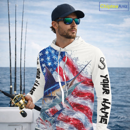 American Flag Patriotic Marlin Fishing Custom Long Sleeve Hooded Shirts, 4th of July Fishing Tournament Shirts NBT526