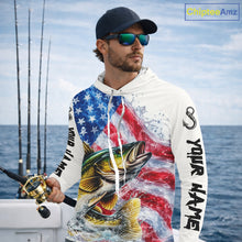 Load image into Gallery viewer, American Flag Patriotic Walleye Fishing Custom Long Sleeve Hooded Shirts, 4th of July Fishing Tournament Shirts NBT527
