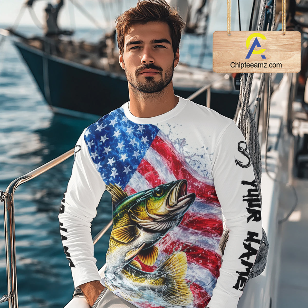 American Flag Patriotic Walleye Fishing Custom Long Sleeve Shirts, 4th of July Fishing Tournament Shirts NBT527