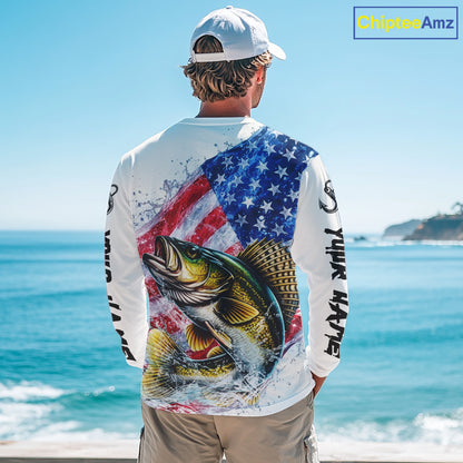American Flag Patriotic Walleye Fishing Custom Long Sleeve Shirts, 4th of July Fishing Tournament Shirts NBT527