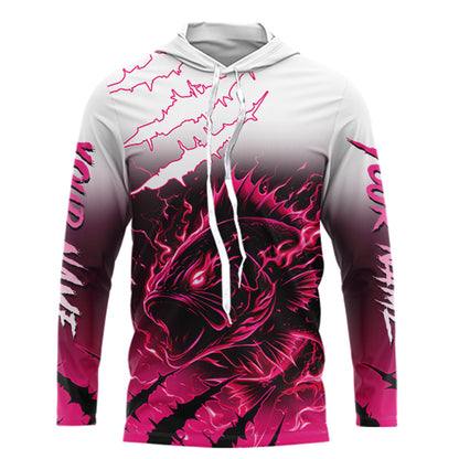 Largemouth Bass Long Sleeve Hooded Fishing Shirts Pink Angry Fish, Bass Fishing Shirts NBT387