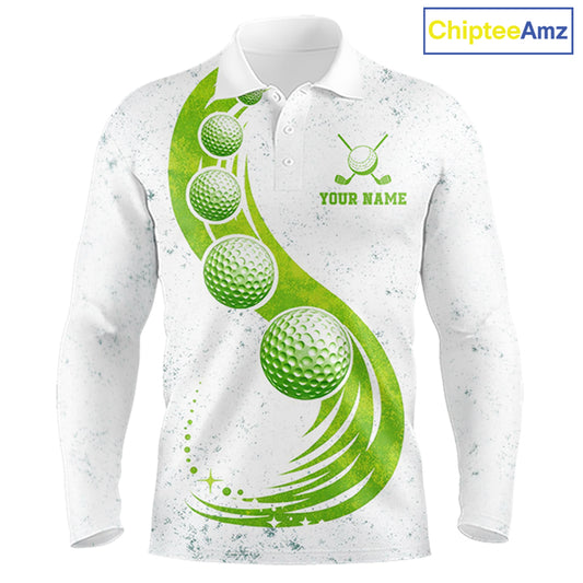 Mens Golf Polo Shirt Green Golf Ball Pattern Custom Name White Golf Shirts, Golf Gifts For Men NBT536