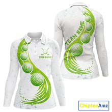 Load image into Gallery viewer, Womens Golf Polo Shirt Green Golf Ball Pattern Custom Name White Golf Shirts, Golf Gifts For Women NBT536