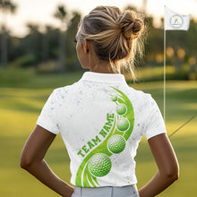 Load image into Gallery viewer, Womens Golf Polo Shirt Green Golf Ball Pattern Custom Name White Golf Shirts, Golf Gifts For Women NBT536