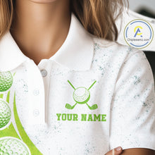 Load image into Gallery viewer, Womens Golf Polo Shirt Green Golf Ball Pattern Custom Name White Golf Shirts, Golf Gifts For Women NBT536