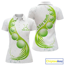 Load image into Gallery viewer, Womens Golf Polo Shirt Green Golf Ball Pattern Custom Name White Golf Shirts, Golf Gifts For Women NBT536