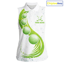 Load image into Gallery viewer, Womens Sleeveless Golf Polo Shirt Green Golf Ball Pattern Custom Name White Golf Shirts, Golf Gifts For Ladies NBT536