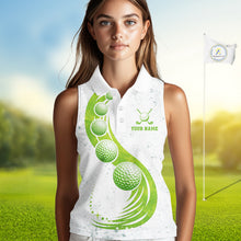 Load image into Gallery viewer, Womens Sleeveless Golf Polo Shirt Green Golf Ball Pattern Custom Name White Golf Shirts, Golf Gifts For Ladies NBT536