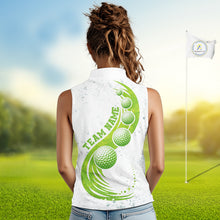 Load image into Gallery viewer, Womens Sleeveless Golf Polo Shirt Green Golf Ball Pattern Custom Name White Golf Shirts, Golf Gifts For Ladies NBT536