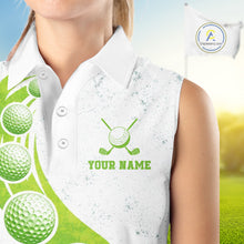 Load image into Gallery viewer, Womens Sleeveless Golf Polo Shirt Green Golf Ball Pattern Custom Name White Golf Shirts, Golf Gifts For Ladies NBT536