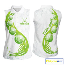 Load image into Gallery viewer, Womens Sleeveless Golf Polo Shirt Green Golf Ball Pattern Custom Name White Golf Shirts, Golf Gifts For Ladies NBT536