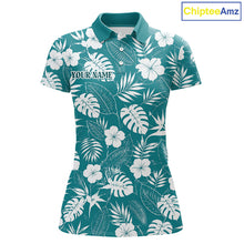 Load image into Gallery viewer, Teal golf polo shirt with white floral tropical pattern on a white background
