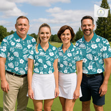 Load image into Gallery viewer, Four people wearing matching teal floral shirts on a golf course.