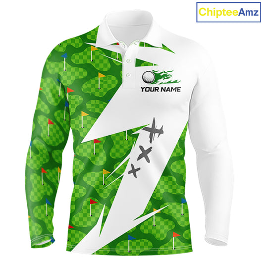 Green And White Golf Pattern Polo Golf Shirt For Men Custom Mens Golf Clothes, Golf Gifts NBT677