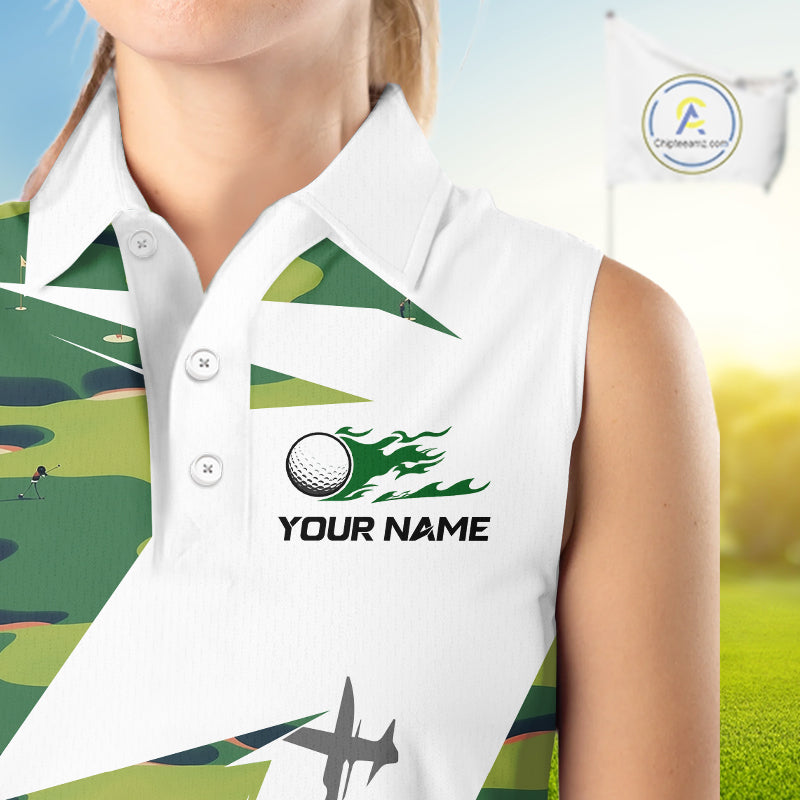 Green And White Retro Golf Pattern Polo Golf Shirt For Women Custom Ladies Golf Clothes, Golf Gifts NBT678