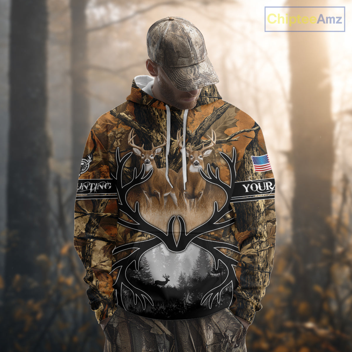 Whitetail Deer Hunting Camouflage Shirts with US Flag, Custom Hunting Shirt for Hunters NBT164