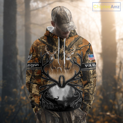 Whitetail Deer Hunting Camouflage Shirts with US Flag, Custom Hunting Shirt for Hunters NBT164