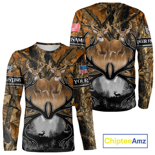 Whitetail Deer Hunting Camouflage Shirts with US Flag, Custom Hunting Shirt for Hunters NBT164