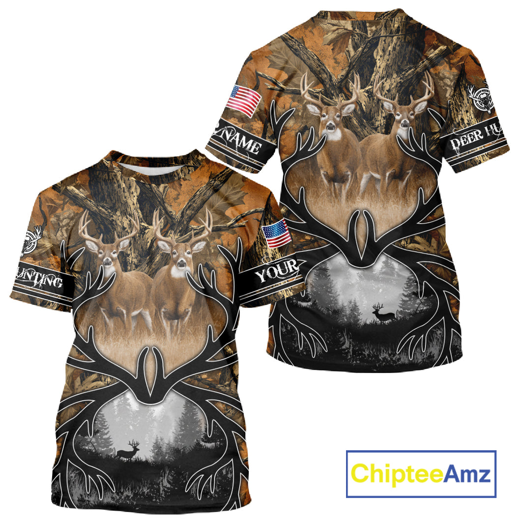 Whitetail Deer Hunting Camouflage Shirts with US Flag, Custom Hunting Shirt for Hunters NBT164