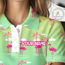 Load image into Gallery viewer, Pink Flamingo Palm Tree Womens Golf Polo Shirt, Tropical Golf Shirt, Cute Flamingo Print Summer Polo NBT538