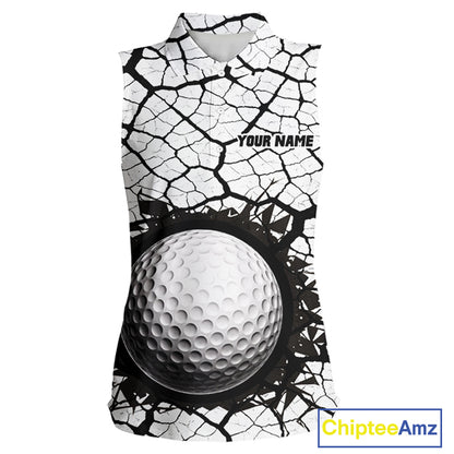 Golf Ball Breaking Sleeveless Polo Shirt, Black And White Cracking Pattern Polo Shirt, Best Golf Gift For Women NBT542