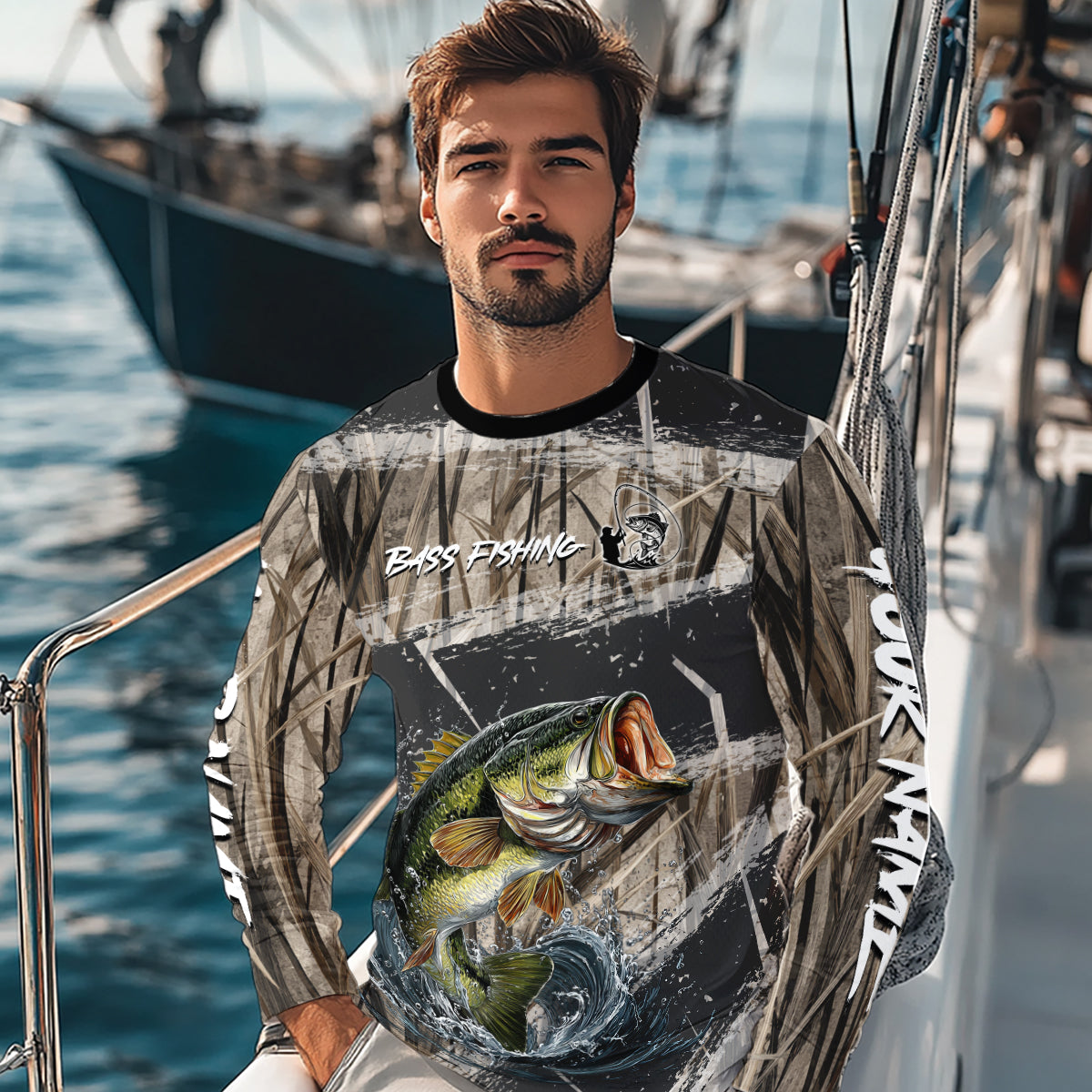 Largemouth Bass Grass Camo Custom Name Fishing Shirt, Bass Fishing Shirts For Men NBT354