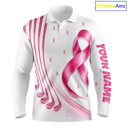 Front views of a white, pink breast cancer awareness ribbon pattern golf polo shirt, chest name text, and team name on the back.