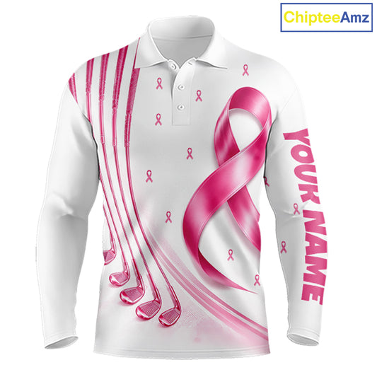 Front views of a white, pink breast cancer awareness ribbon pattern golf polo shirt, chest name text, and team name on the back.