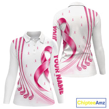 Load image into Gallery viewer, Front and back views of a womens breast caner awareness pink ribbon golf polo shirt, your name on the sleeve.